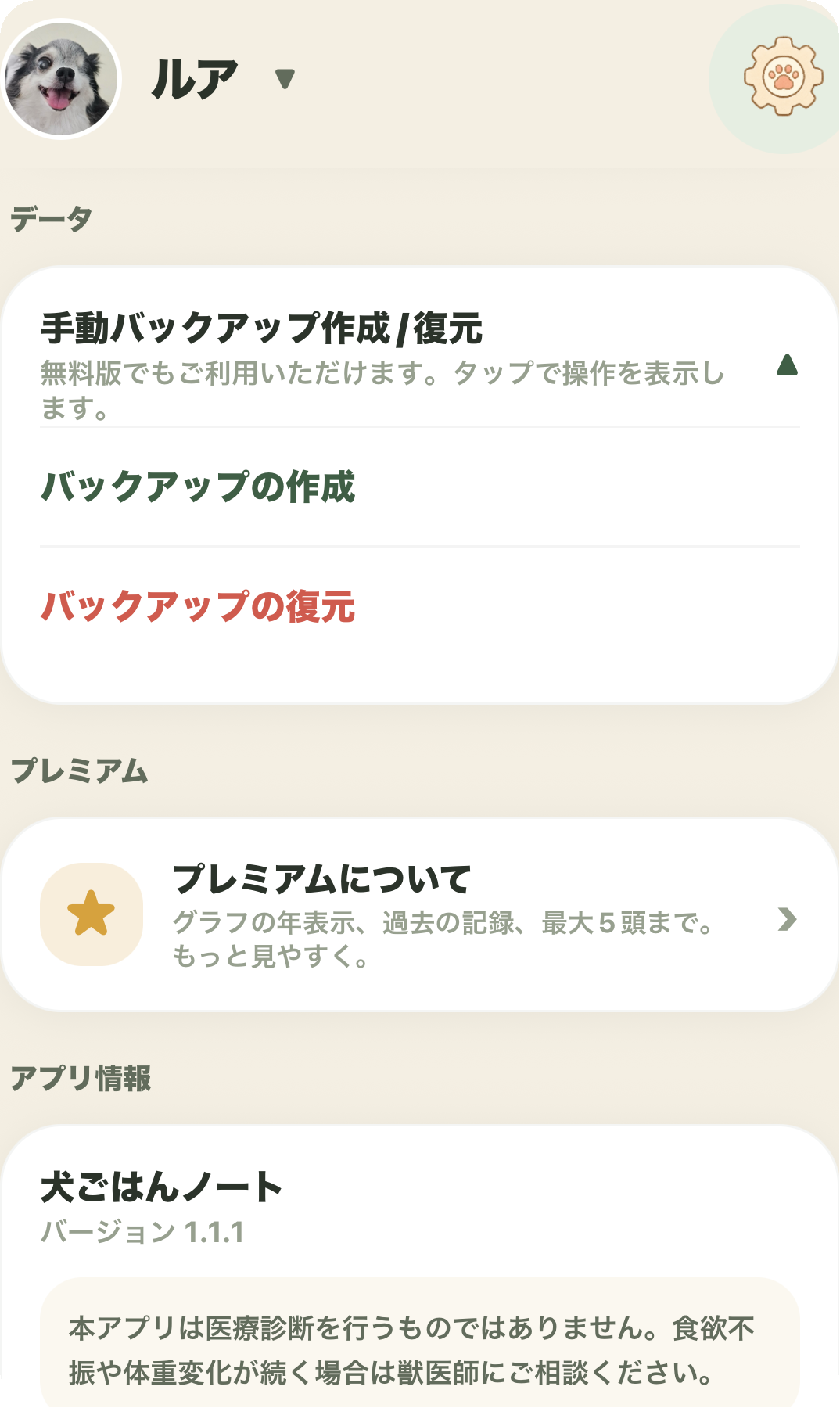手動バックアップの作成と復元ボタン