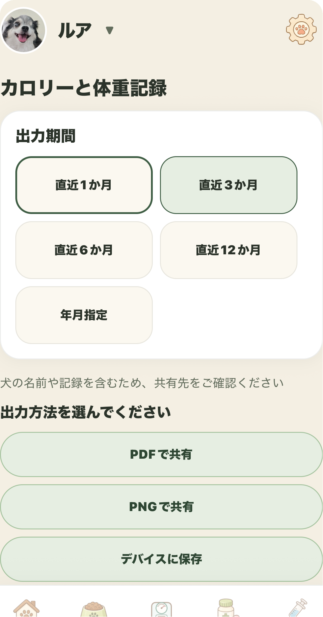 カロリーと体重記録の期間と出力方法の選択画面
